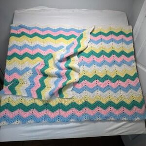 VTG Crochet Granny Blanket Handmade Pastel Chevron Afghan Pink Blue Yellow 48x72
